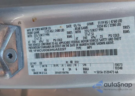 2017 Ford Escape Se из США, поврежденный, VIN 1FMCU0G93HUA52227